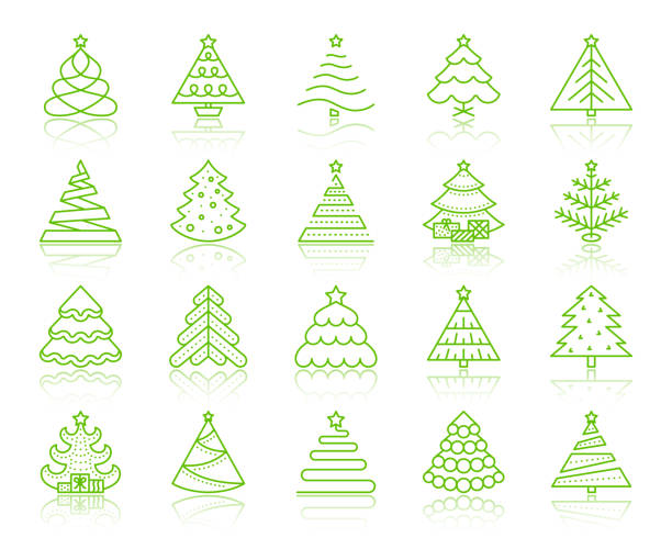 Christmas Tree simple color line icons vector set Christmas Tree thin line icons set. Outline vector sign kit of stylized spruce. Fir linear icon collection present, ball. Simple Christmas tree color contour symbol with reflection isolated on white christmas tree outline stock illustrations