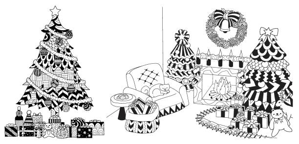 Christmas tree Christmas tree,presents and ornaments drawing set for cards and coloring book,coloring page.Vector illustration gingerbread man coloring page stock illustrations