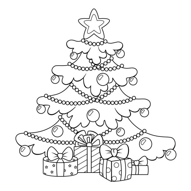 Christmas tree with gifts. Merry Christmas and Happy New Year greeting card template. Black and white vector illustration for coloring book vector illustration coloring pages stock illustrations