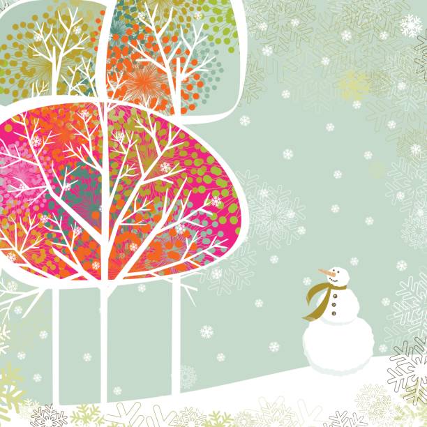 Christmas trees and snowman vector art illustration
