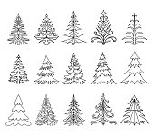 Vector abstract christmas trees. Doodles Set.