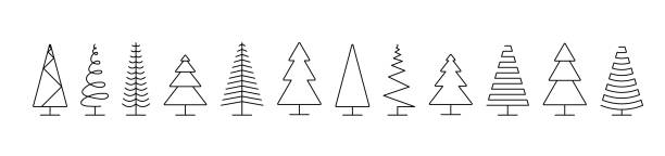 Christmas trees icons. Trees icons in a row, isolated on white background. Panorama view. Christmas tree in line flat design. Eps10  christmas tree outline stock illustrations