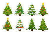 Christmas trees set isolated on white background. Colorful winter trees collection for holiday xmas and new year. Vector illustration.
