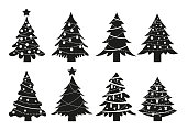 Christmas trees silhouette set isolated on white background. Black symbol winter trees collection with garlands for holiday xmas and new year. Vector illustration.