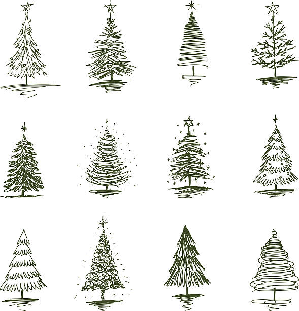 Christmas Trees The vector drawing of a christmas trees in style of a sketch. christmas tree outline stock illustrations