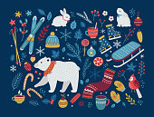 Christmas vector collection of design elements with polar bear, cones, berries, baubles, hot winter drinks, sweets, bunnies, ice skates, skis, leaves and snowflakes. Perfect for season decorations.