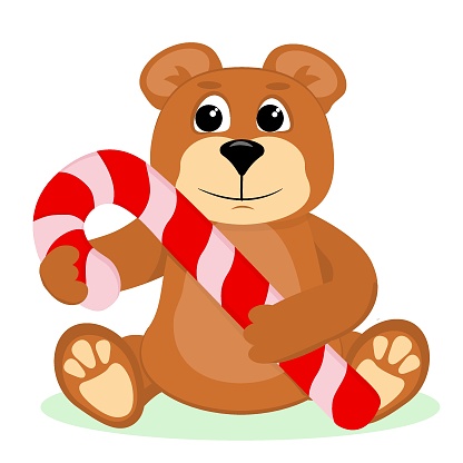 christmas vector illustration of a bear in cartoon style with candy cane in his hands,isolated on a white background