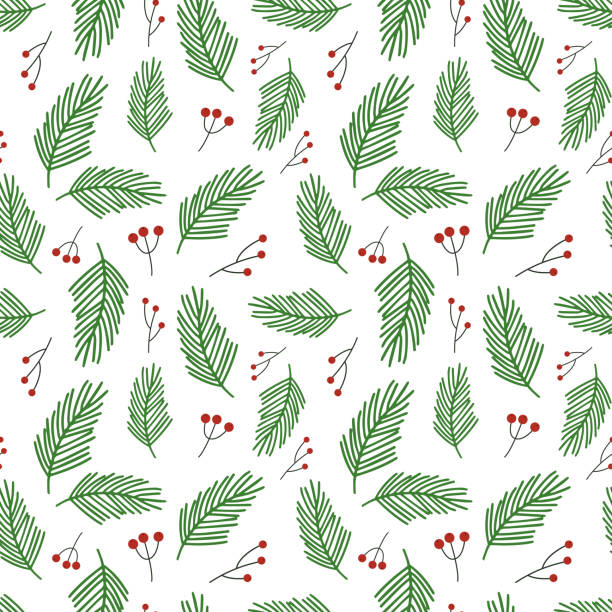 Christmas vector pattern Seamless Christmas vector pattern. Green pine branches and red holly berries isolated on white background. Festive illustration. Cute doodle art. Perfect for wallpaper or fabric. christmas designs stock illustrations
