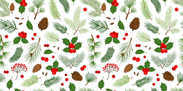 Christmas vector seamless pattern, evergreen plants background, tree, fir, pine and cone, holly berry, leaves branches, holiday winter nature print. Christmas vector seamless pattern, evergreen plants background, tree, fir, pine and cone, holly berry, leaves branches, holiday winter nature print. Cartoon repeat illustration evergreen plant stock illustrations