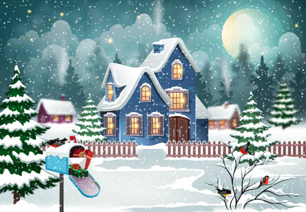 Christmas village and bullfinches vector art illustration