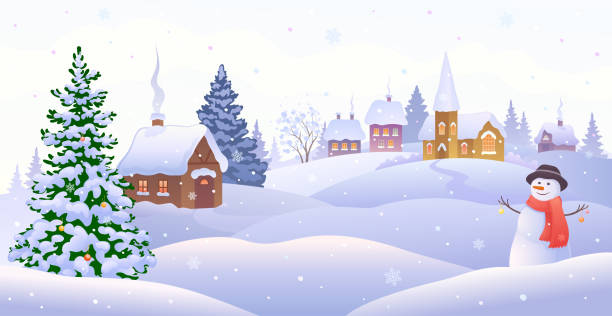 Christmas village with snowman Vector illustration of a Christmas village scene with a cute snowman landscape scenery clipart stock illustrations