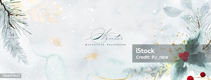 istock Christmas watercolor natural art background and golden splash 1346170417