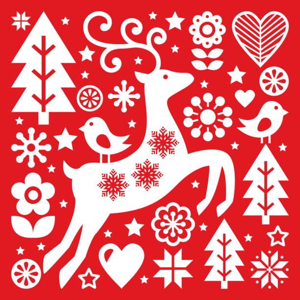 Christmas white Scandinavian folk art on red, reindeer, birds and flowers decoration Xmas, Christmas cute vector background, Nordic style ornament rudolph the red nosed reindeer stock illustrations