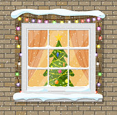 Christmas window in brick wall. Living room with christmas. Happy new year decoration. Merry christmas holiday. New year and xmas celebration. Vector illustration flat style