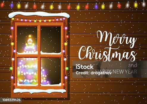 istock Christmas window in wooden wall. 1069229426
