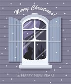 Christmas window with snowfall and cat. Vector Illustration