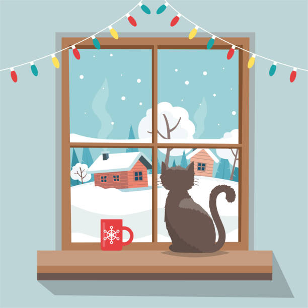 bildbanksillustrationer, clip art samt tecknat material och ikoner med jul-fönstret med vinterlandskap, katt sitter på fönsterbrädan.  merry christmas gratulationskort mall. vektorillustration i platt stil - cat snow