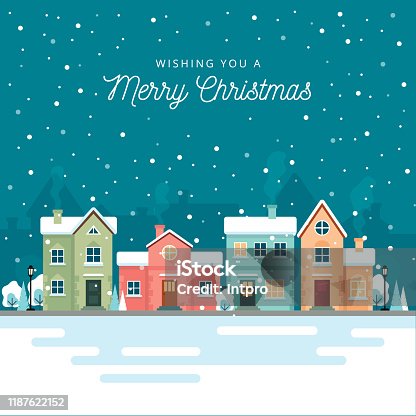 istock Christmas winter city street with small houses and trees on background. Its snowing. Flat style. Vector illustration. 1187622152