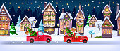 Season decorated village, night sky, stars, vintage facade, cityscape view. Winter house border