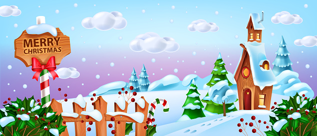 Christmas winter landscape, vector snow Santa Claus village house background, North Pole cartoon view.