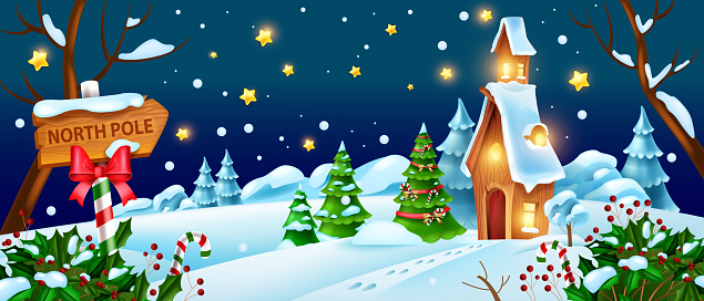 Christmas winter night landscape, vector Santa Claus house illustration, x-mas holiday woodland view.