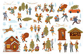 christmas winter people set, men women children family couple prepare for xmas celebration, choose buy decorate tree and house with lights, shopping walk pack presents, drink mulled wine at christmas market scenes