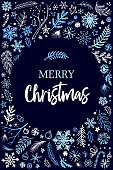 Hand drawn circular Christmas winter design on dark blue background