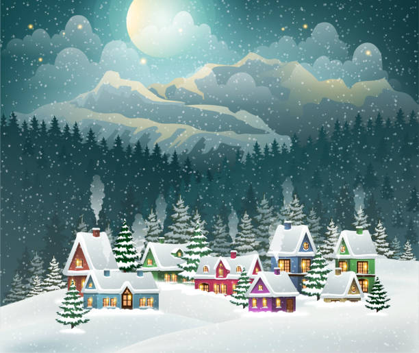 Christmas winter village and mountains. Evening village winter landscape with snow covered houses and mountains. Christmas holidays vector illustration village stock illustrations