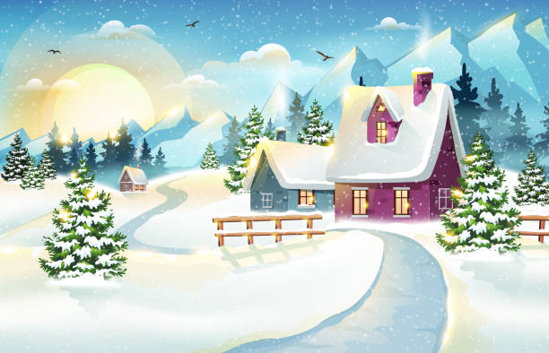 Christmas winter village and mountains vector art illustration