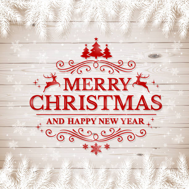 рождественский деревянный фон с белыми еловыми ветвями и текстом с рождеством христовым - christmas table stock illustrations