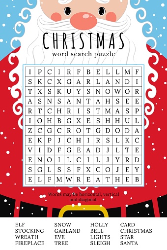 Christmas word search puzzle. Educational game for children. Winter holidays theme learning vocabulary. Crossword with funny Santa Claus.