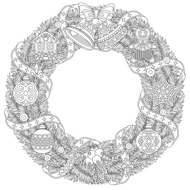 Christmas wreath coloring book page Christmas wreath, holiday ornaments, jingle bells and Christmas balls. Freehand sketch for New Year greeting card or adult coloring book page. gingerbread man coloring page stock illustrations