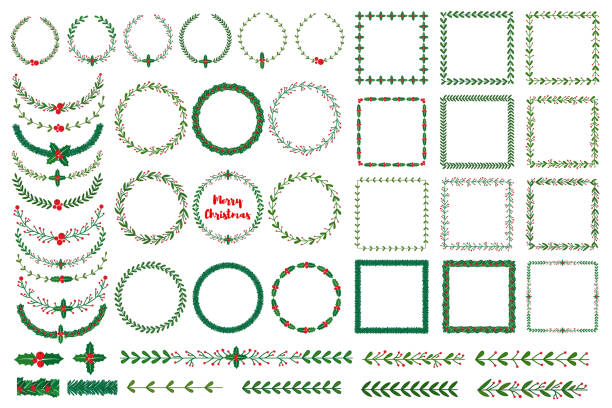 Christmas wreath, frames, brushes Set of New year, Christmas doodle hand drawn wreath frames, boders. Used brushes included. Vector illustration christmas borders stock illustrations