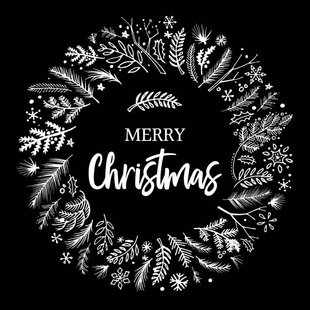 Christmas wreath sketched vector Hand drawn christmas wreath design on black background black background illustrations stock illustrations