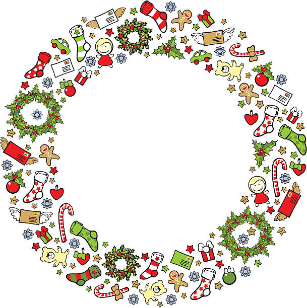 Christmas wreath Christmas wreath consisting of holiday elements and symbols silhouette of christmas cookie border stock illustrations