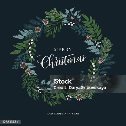 istock Christmas wreath with holly berries, mistletoe, pine and fir branches, cones, rowan berries. Xmas and happy new year postcard. Vector illustration 1286137341