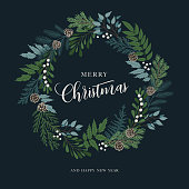 istock Christmas wreath with holly berries, mistletoe, pine and fir branches, cones, rowan berries. Xmas and happy new year postcard. Vector illustration 1286137341