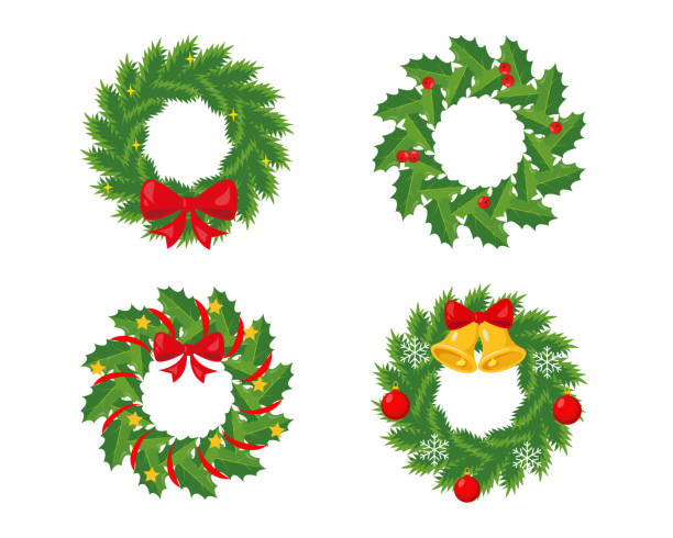 Christmas wreathes set on white background. Christmas wreathes set on white background. Traditional Christmas and New Year decoration. Vector illustration. wreath stock illustrations