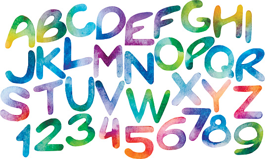 Chromatic watercolor letters and numerals