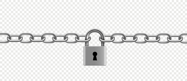 Chrome plated metal chain and padlock. Vector illustration.