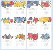2017 Floral Desk Pad calendar. hand drawn colorful leaves and chrysanthemum flowers.