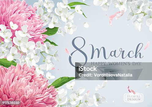 istock Chrysanthemums and Apple blossom for 8 March vector greeting card 917538030