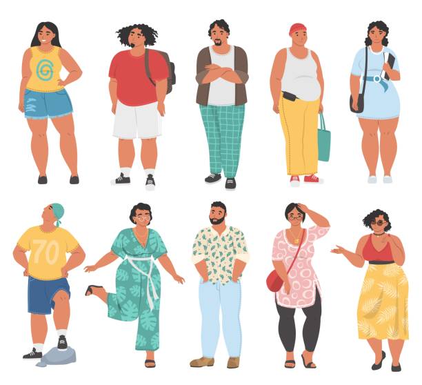Chubby person cartoon character set, flat vector isolated illustration. Plus size woman, curvy lady, fat man. Chubby person cartoon character set, flat vector isolated illustration. Plus size woman, curvy lady, fat man wearing casual clothes. Body positive. positive body image stock illustrations