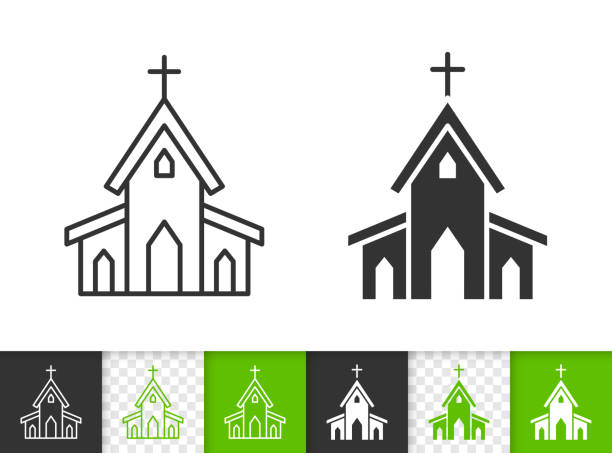 Church building chapel simple black vector icon Church black linear and silhouette icons. Thin line sign of building. Chapel outline pictogram isolated on white, color, transparent background. Vector Icon shape. Religion house simple symbol closeup church stock illustrations
