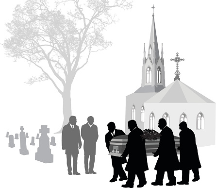 A vector silhouette illustration of pall bearers carrying the coffin of a deceased loved one past a church and on lookers, through a cemetary. vector