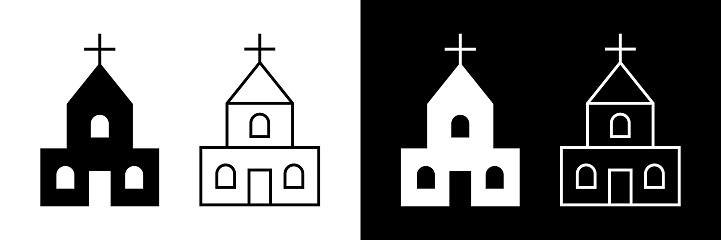 Church icon isolated on white and black background. Outline church icons. Pictogram of catholic building with cross. Chapel with steeple and cross. Religion vector illustration