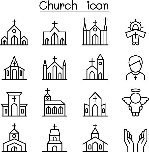 ilustraciones, imágenes clip art, dibujos animados e iconos de stock de icono de la iglesia en estilo de línea delgada - church