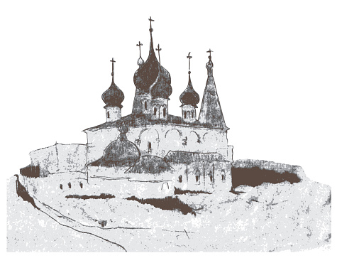Church of Nikola from Gorodok, Yaroslavl. Vector traced vintage pencil hand drawn landscape