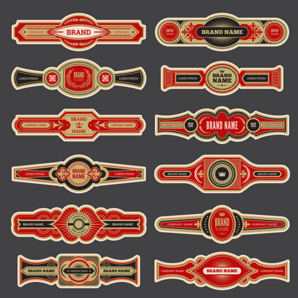 ilustrações de stock, clip art, desenhos animados e ícones de cigar labels. colorful vintage banded badges for cigar branding vector set - etiqueta