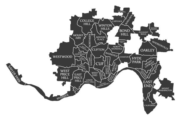 Cincinnati Ohio city map USA labelled black illustration  cincinnati stock illustrations